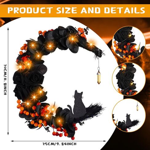 Halloween Wreaths Moon Cat Wreath with Rose Cat Door Wreath Cute Cat Garland Light up Moon Cat Wreath with Rose for Front Door Indoor Outdoor Window Farmhouse Porch Wall (Orange Berry) in Kuwait