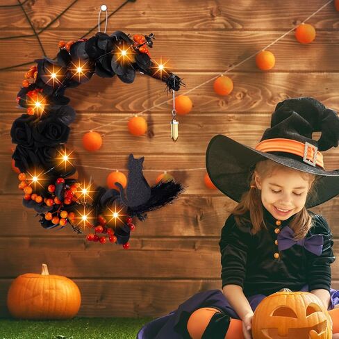 Halloween Wreaths Moon Cat Wreath with Rose Cat Door Wreath Cute Cat Garland Light up Moon Cat Wreath with Rose for Front Door Indoor Outdoor Window Farmhouse Porch Wall (Orange Berry) in Kuwait