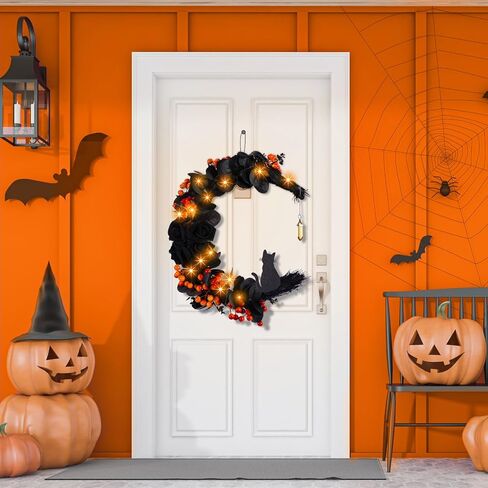 Halloween Wreaths Moon Cat Wreath with Rose Cat Door Wreath Cute Cat Garland Light up Moon Cat Wreath with Rose for Front Door Indoor Outdoor Window Farmhouse Porch Wall (Orange Berry) in Kuwait