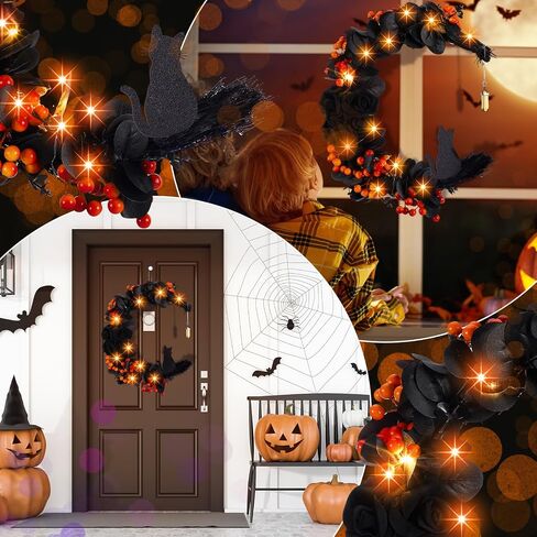 Halloween Wreaths Moon Cat Wreath with Rose Cat Door Wreath Cute Cat Garland Light up Moon Cat Wreath with Rose for Front Door Indoor Outdoor Window Farmhouse Porch Wall (Orange Berry) in Kuwait