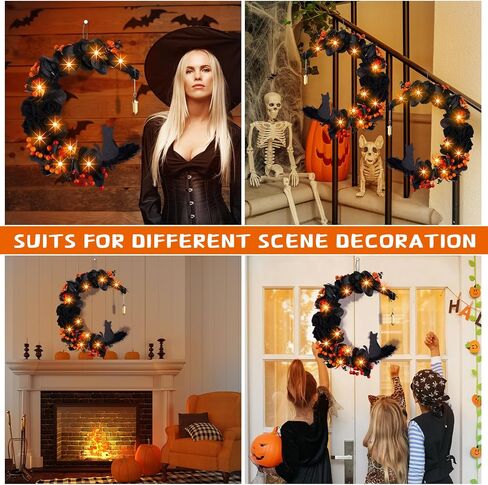Halloween Wreaths Moon Cat Wreath with Rose Cat Door Wreath Cute Cat Garland Light up Moon Cat Wreath with Rose for Front Door Indoor Outdoor Window Farmhouse Porch Wall (Orange Berry) in Kuwait