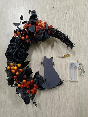 Halloween Wreaths Moon Cat Wreath with Rose Cat Door Wreath Cute Cat Garland Light up Moon Cat Wreath with Rose for Front Door Indoor Outdoor Window Farmhouse Porch Wall (Orange Berry) in Kuwait