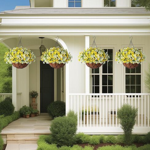 سلة معلقة من الزهور الاصطناعية لديكور الشرفة الخارجية لربيع وصيف، نباتات معلقة صناعية ترتيب أقحوان حريري في سلة زراعية مقاس 12 بوصة لساحة شرفة المنزل (أرجواني) in Kuwait