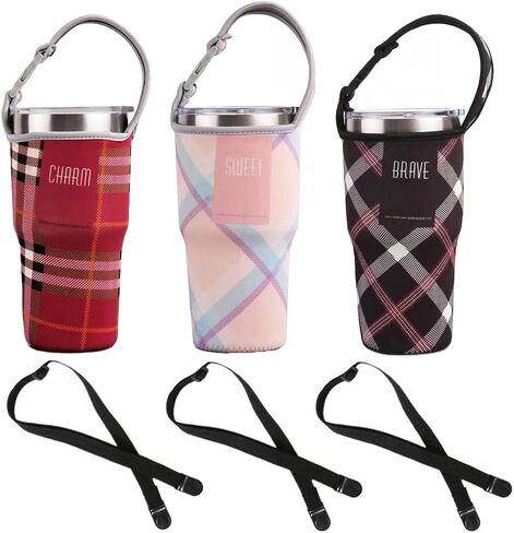 3 قطع بهلوان 30oz حامل الحقيبة وحزام الكتف لـ YETI، Rtic، Atlin، Ozark Trail، Rambler، كم من النيوبرين مع مقبض حمل-(منقوشة أحمر، وردي، أسود) in Kuwait
