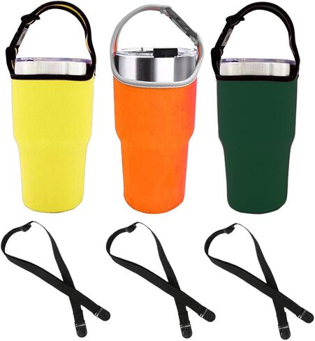 3 قطع بهلوان 30oz حامل الحقيبة وحزام الكتف لـ YETI، Rtic، Atlin، Ozark Trail، Rambler، كم من النيوبرين مع مقبض حمل-(منقوشة أحمر، وردي، أسود) in Kuwait