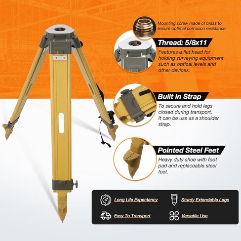 Wooden Survey Tripod Laser Level Tripod Construction Tripod with 5/8-Inch 11-Threaded Flat Head with Twist Lock for Total Station Theodolite Auto Level (DW-1-FCT) in Saudi Arabia