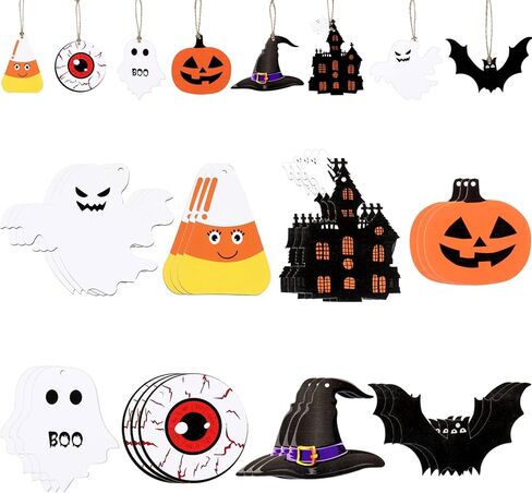 24 Pcs Halloween Tree Ornaments Halloween Wood Hanging Ornaments Pumpkin Ghost Bats Witch Hat Halloween Ornaments for Tree Halloween Wooden Props Halloween Party Decoration with Rope (Cute Style) in Saudi Arabia