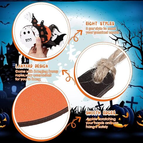 24 Pcs Halloween Tree Ornaments Halloween Wood Hanging Ornaments Pumpkin Ghost Bats Witch Hat Halloween Ornaments for Tree Halloween Wooden Props Halloween Party Decoration with Rope (Cute Style) in Saudi Arabia