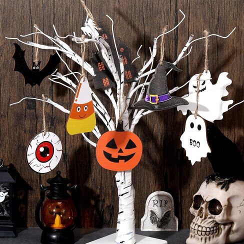 24 Pcs Halloween Tree Ornaments Halloween Wood Hanging Ornaments Pumpkin Ghost Bats Witch Hat Halloween Ornaments for Tree Halloween Wooden Props Halloween Party Decoration with Rope (Cute Style) in Saudi Arabia