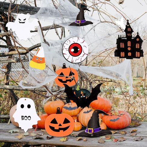 24 Pcs Halloween Tree Ornaments Halloween Wood Hanging Ornaments Pumpkin Ghost Bats Witch Hat Halloween Ornaments for Tree Halloween Wooden Props Halloween Party Decoration with Rope (Cute Style) in Saudi Arabia