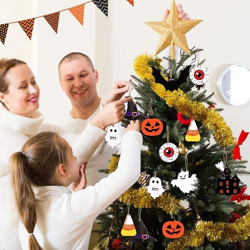 24 Pcs Halloween Tree Ornaments Halloween Wood Hanging Ornaments Pumpkin Ghost Bats Witch Hat Halloween Ornaments for Tree Halloween Wooden Props Halloween Party Decoration with Rope (Cute Style) in Saudi Arabia