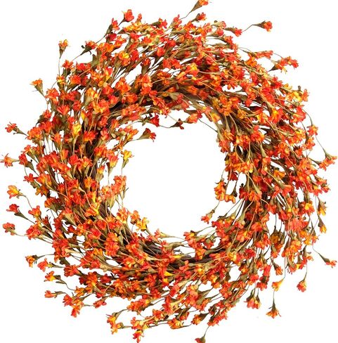 TEMPUS Fall Forsythia إكليل 20 بوصة إكليل صناعي للباب الأمامي معلق على الحائط ديكور الخريف الحصاد عيد الشكر ديكور المنزل (برتقالي) in Kuwait