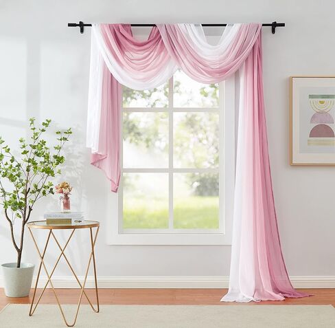 Pink Ombre Chiffon Sheer Window Scarf Valance Living Room 216 Inch Long | Curtain 18ft for Girls Bedroom Decor, 52"W Crinkle Soft Window Semi Sheer Valance for Holiday, Wedding Party Decor, 1 Piece in Saudi Arabia