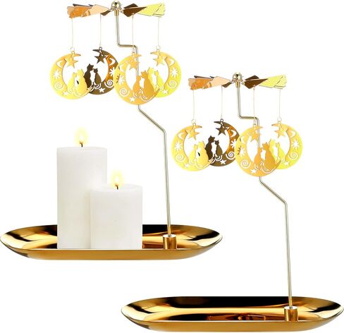 Norme مجموعتان من حامل الشموع الخفيفة الدوارة الدوارة مع صينية ذهبية معدنية لطاحونة الهواء شمعدان دوار للشموع الدائرية لطاولة الزفاف وحفلات الزفاف المركزية هدية تزيين المنزل، قطة القمر الذهبية in Kuwait
