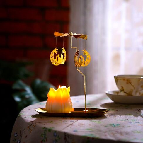 Norme مجموعتان من حامل الشموع الخفيفة الدوارة الدوارة مع صينية ذهبية معدنية لطاحونة الهواء شمعدان دوار للشموع الدائرية لطاولة الزفاف وحفلات الزفاف المركزية هدية تزيين المنزل، قطة القمر الذهبية in Kuwait