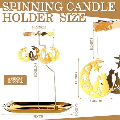 Norme مجموعتان من حامل الشموع الخفيفة الدوارة الدوارة مع صينية ذهبية معدنية لطاحونة الهواء شمعدان دوار للشموع الدائرية لطاولة الزفاف وحفلات الزفاف المركزية هدية تزيين المنزل، قطة القمر الذهبية in Kuwait