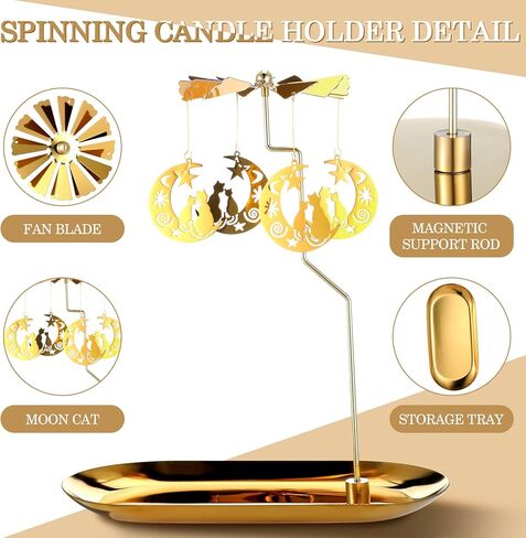 Norme مجموعتان من حامل الشموع الخفيفة الدوارة الدوارة مع صينية ذهبية معدنية لطاحونة الهواء شمعدان دوار للشموع الدائرية لطاولة الزفاف وحفلات الزفاف المركزية هدية تزيين المنزل، قطة القمر الذهبية in Kuwait
