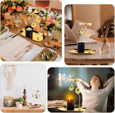 Norme مجموعتان من حامل الشموع الخفيفة الدوارة الدوارة مع صينية ذهبية معدنية لطاحونة الهواء شمعدان دوار للشموع الدائرية لطاولة الزفاف وحفلات الزفاف المركزية هدية تزيين المنزل، قطة القمر الذهبية in Kuwait