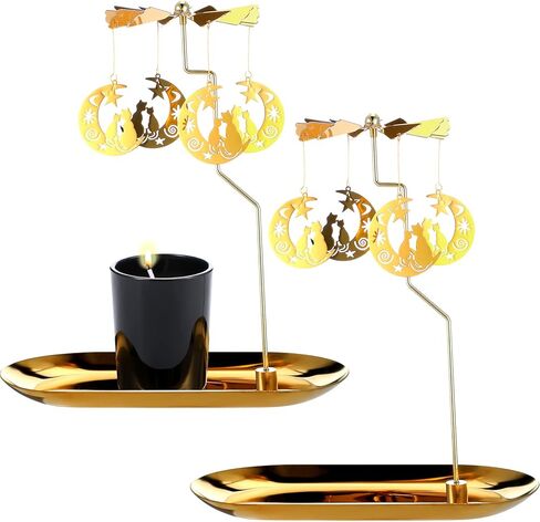 Norme مجموعتان من حامل الشموع الخفيفة الدوارة الدوارة مع صينية ذهبية معدنية لطاحونة الهواء شمعدان دوار للشموع الدائرية لطاولة الزفاف وحفلات الزفاف المركزية هدية تزيين المنزل، قطة القمر الذهبية in Kuwait