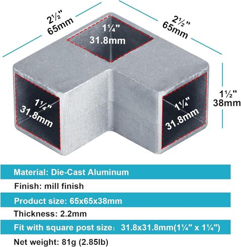 10 عبوات من موصلات الزوايا ثلاثية الاتجاهات لأنبوب مربع 1-1/4 × 1-1/4 بوصة (32 × 32 مم)، وصلة ألومنيوم مصبوبة 90 درجة، تركيب الدرابزين، مشابك سياج نهاية هيكلية لسياج السلسلة (بدون براغي) in Kuwait