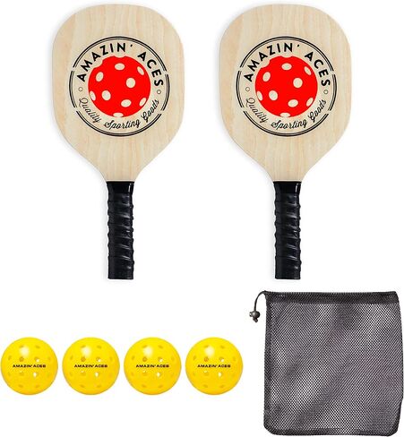 مجموعة مجاديف خشبية من Amazin' Aces Pickleball مكونة من 4 أو 2 - مضارب كرة Pickleball خشبية لجميع المستويات، تتضمن 4 مجاديف كرة Pickleball خشبية مع قبضة وسادة مريحة، 4 كرات Pickleball، و1 حقيبة Pickleball in Saudi Arabia