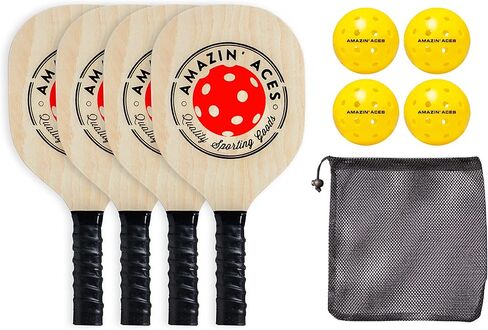 Amazin' Aces Pickleball Wood Paddles Set of 4 or 2 - Wood Pickleball Rackets for All Levels, includes 4 Wooden Pickleball Paddles with Comfy Cushion Grip, 4 Pickleball Balls, and 1 Pickleball Bag in Saudi Arabia