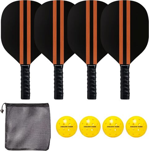 Amazin' Aces Pickleball Wood Paddles Set of 4 or 2 - Wood Pickleball Rackets for All Levels, includes 4 Wooden Pickleball Paddles with Comfy Cushion Grip, 4 Pickleball Balls, and 1 Pickleball Bag in Saudi Arabia