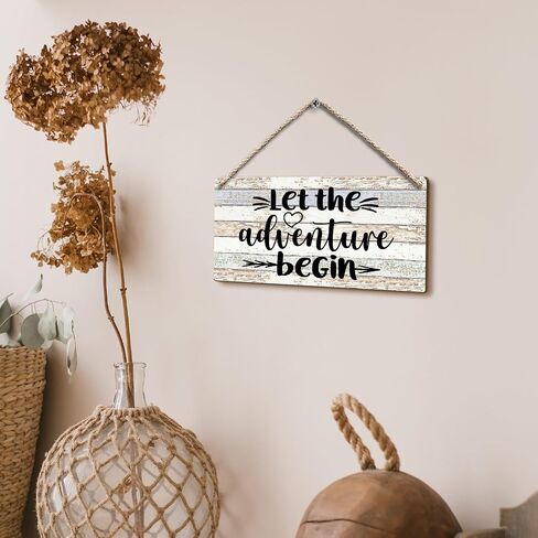 Let the Adventure Begin Hanging Wooden Signs 12x6, Rustic Adventure Cabin Camper Home RV Wall Decor, Camp Camping Lovers Adventure Home Decor Gifts for Campers RV Travelers Women Men in Saudi Arabia