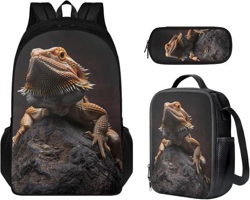 Lizard Backpack for Kids Boys Backpack with Lunch Box and School Pencil Box 3 in 1 Set Large Bookbag for School Teens Sturdy School Bag with Side Pocket Casual Daypack Backpacks for Daily Use in Saudi Arabia