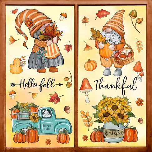 90Pcs Fall Window Stickers Autumn Gnome Truck Flowers Maple Leaves Window Clings Watercolor Reusable PVC Harvest Thankful Stickers for Thanksgiving Glass Mirror Decor, 6 Sheet in Saudi Arabia