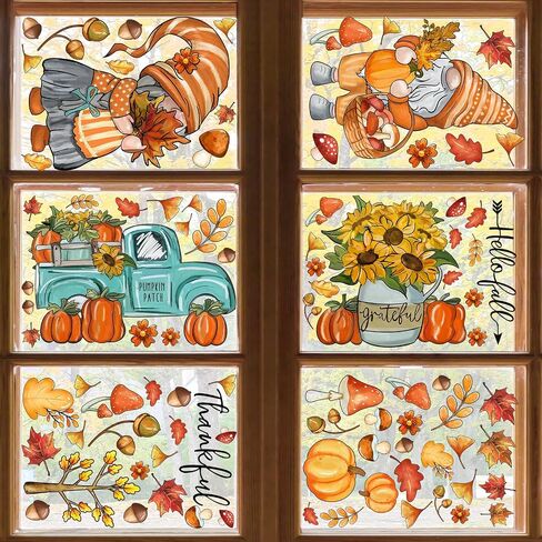 90Pcs Fall Window Stickers Autumn Gnome Truck Flowers Maple Leaves Window Clings Watercolor Reusable PVC Harvest Thankful Stickers for Thanksgiving Glass Mirror Decor, 6 Sheet in Saudi Arabia