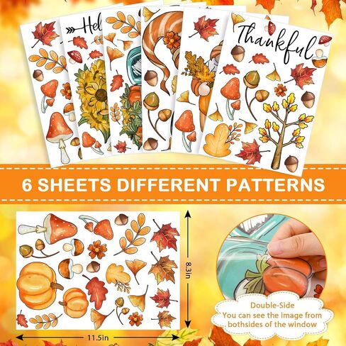 90Pcs Fall Window Stickers Autumn Gnome Truck Flowers Maple Leaves Window Clings Watercolor Reusable PVC Harvest Thankful Stickers for Thanksgiving Glass Mirror Decor, 6 Sheet in Saudi Arabia