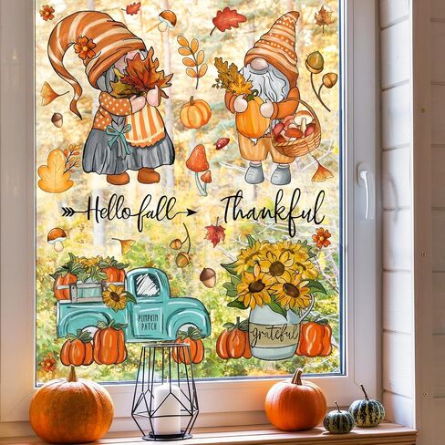 90Pcs Fall Window Stickers Autumn Gnome Truck Flowers Maple Leaves Window Clings Watercolor Reusable PVC Harvest Thankful Stickers for Thanksgiving Glass Mirror Decor, 6 Sheet in Saudi Arabia