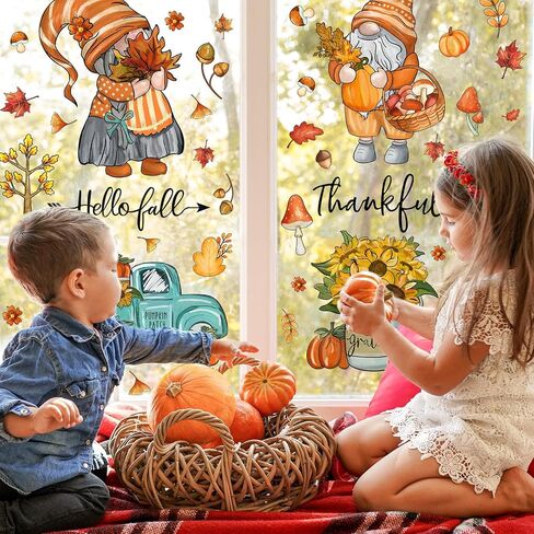 90Pcs Fall Window Stickers Autumn Gnome Truck Flowers Maple Leaves Window Clings Watercolor Reusable PVC Harvest Thankful Stickers for Thanksgiving Glass Mirror Decor, 6 Sheet in Saudi Arabia