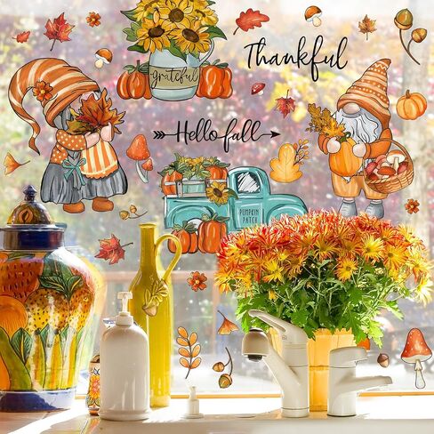 90Pcs Fall Window Stickers Autumn Gnome Truck Flowers Maple Leaves Window Clings Watercolor Reusable PVC Harvest Thankful Stickers for Thanksgiving Glass Mirror Decor, 6 Sheet in Saudi Arabia