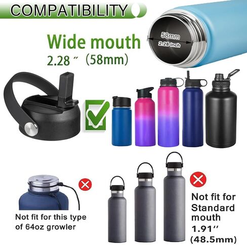 Straw Lid fit for Hydro Flask 2.28 inch diameter Wide Mouth Water Bottle,Convenient Flip Spout,Flexible Handle Leak Proof Cap,Top Sports lids Accessories Compatible with Hydroflask 18,32,40oz (Black) in Saudi Arabia