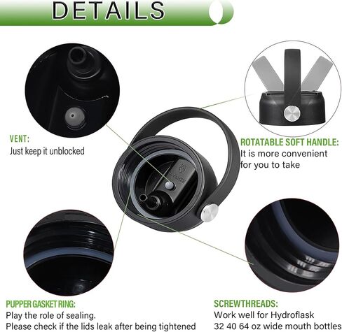 Straw Lid fit for Hydro Flask 2.28 inch diameter Wide Mouth Water Bottle,Convenient Flip Spout,Flexible Handle Leak Proof Cap,Top Sports lids Accessories Compatible with Hydroflask 18,32,40oz (Black) in Saudi Arabia
