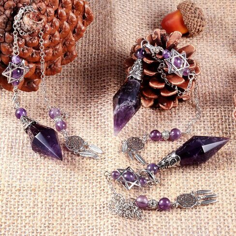 rockcloud Natural Amethyst Crystal Stone Healing Reiki Pendulum 12 Facet Crystal Point Pendant with Dream Catcher Hexagram Charm Wicca for Dowsing Divination Balancing in Saudi Arabia