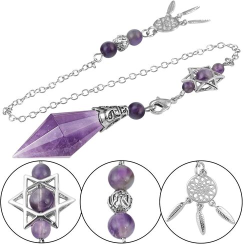 rockcloud Natural Amethyst Crystal Stone Healing Reiki Pendulum 12 Facet Crystal Point Pendant with Dream Catcher Hexagram Charm Wicca for Dowsing Divination Balancing in Saudi Arabia