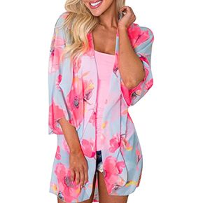 Yonala Womens Floral Kimono Loose Half Sleeve Chiffon Casual Cardigan Cover Up