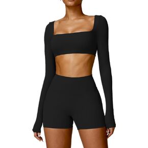 ABOCIW Workout Sets for Women 2 Piece Square Neck Long Sleeve Crop Tops High Waist Biker Shorts Gym Sets in Kuwait