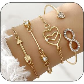Boho Gold Bangle Bracelets Sets for Women Girls,Heart Bow Bracelets Layered Stackable Open Cuff Wrap Bangles Adjustable Link Chain,Chunky Gold Bacelets
