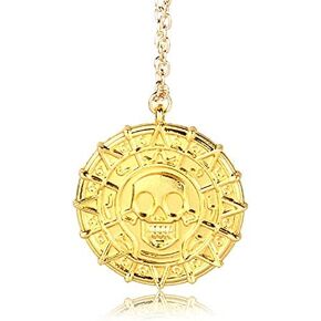 Round Gold Coin Skull Necklace Pendant Dress Accessory Movie Pirates of The Caribbean Medal Necklace Retro Jewelry (Gold