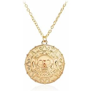 Round Gold Coin Skull Necklace Pendant Dress Accessory Movie Pirates of The Caribbean Medal Necklace Retro Jewelry (Gold
