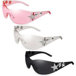 3 Pairs Y2K Sunglasses for Women Men, Trendy Shield Wrap Around Sun Glasses, Rimless Star Sunglasses, Oversized Fashion Frameless Sun Glasses Cycling Driving Shopping Outdoor