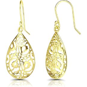 Hoops & Loops 925 Sterling Silver Teardrop Filigree Dangle Hook Earrings for Women and Teen Girls, Silver, Yellow and Rose Gold Flashed Sterling Silver