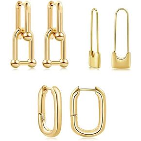 14k Gold Plated Ball U Shape Pin Y2K Style Chunky Earring Link Chain Chunky Circle Hoop Earrings Paperclip Link Chain Jewelry Drop Dangle Earrings set for women teen girls