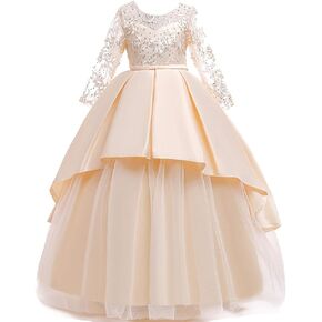 FMYFWY Girls Applique Tulle Lace Long Sleeve Dress Princess Wedding Birthday Pageant Party Communion Prom Long Maxi Ball Gown