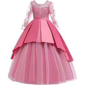 FMYFWY Girls Applique Tulle Lace Long Sleeve Dress Princess Wedding Birthday Pageant Party Communion Prom Long Maxi Ball Gown