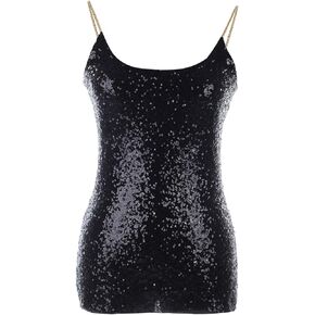 Anna-Kaci Womens Spaghetti Strap Sequin Metal Chain Shiny Party Club Camisole Tank Top